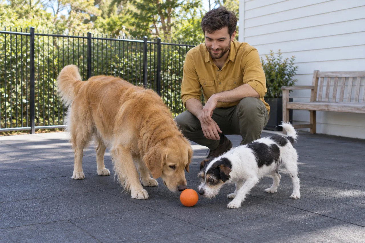 Two dogs exploring a ball beside a caregiver