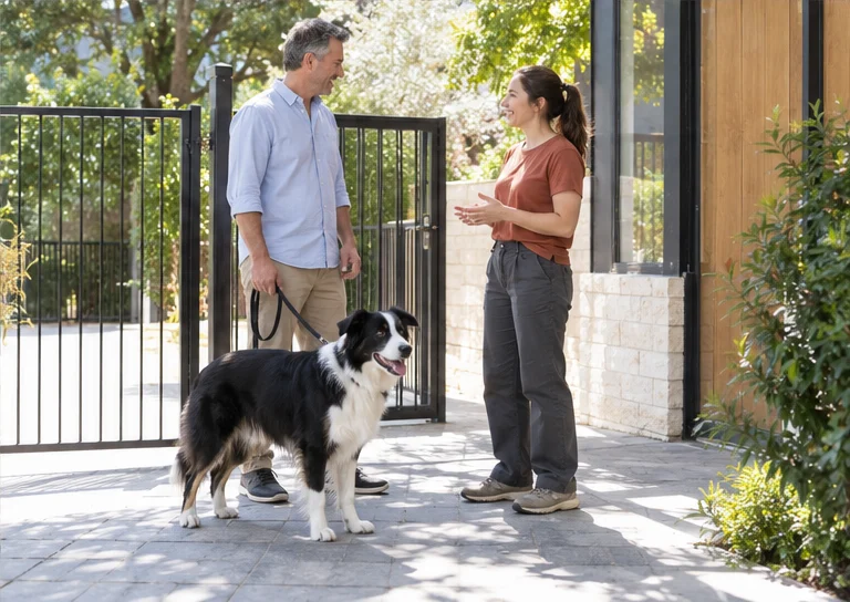 An owner and caregiver discussing a dog’s handover