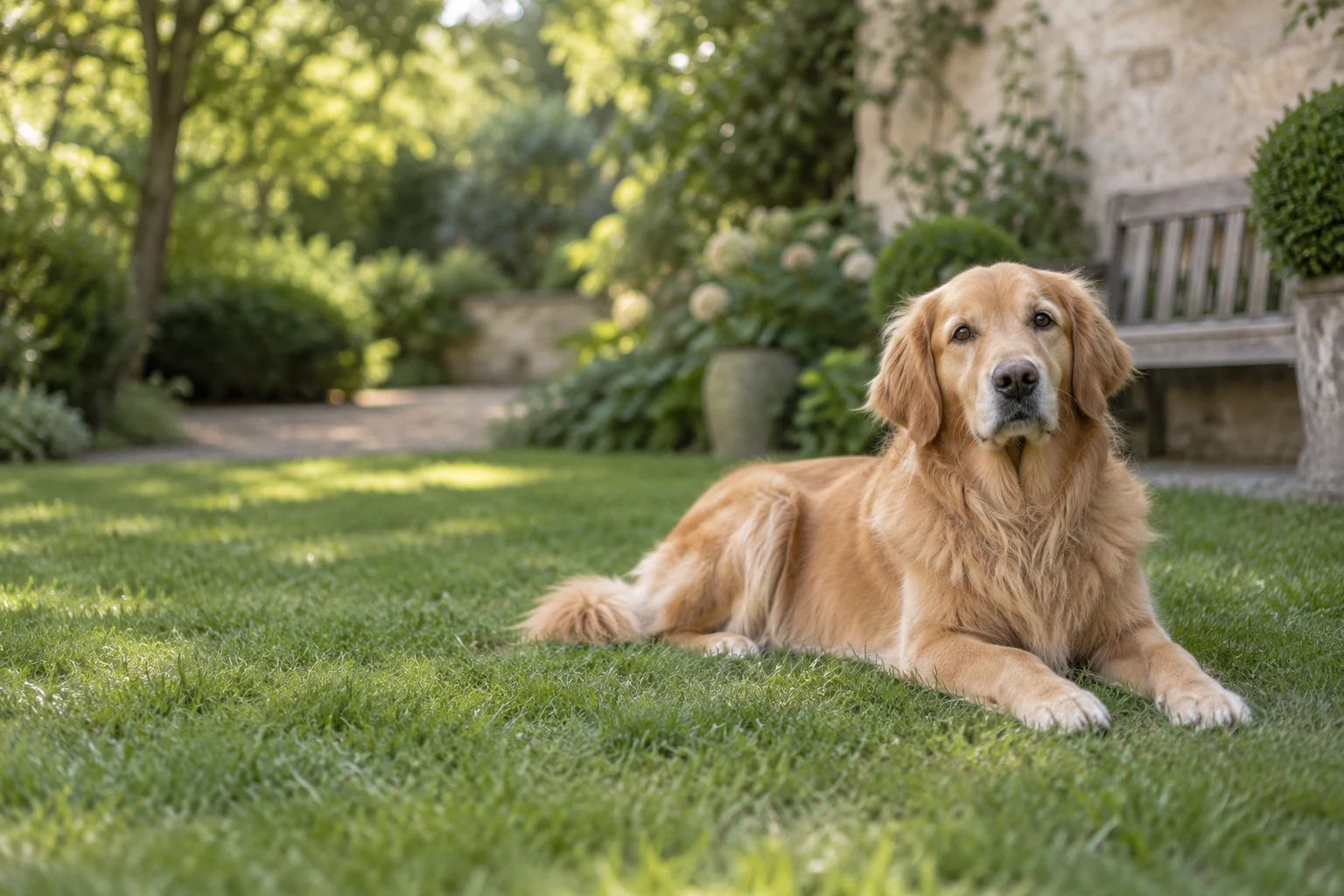 A golden retriever resting comfortably in a quiet garden
