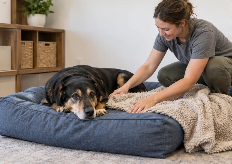 A dog resting on its own bed while a caregiver arranges a blanket