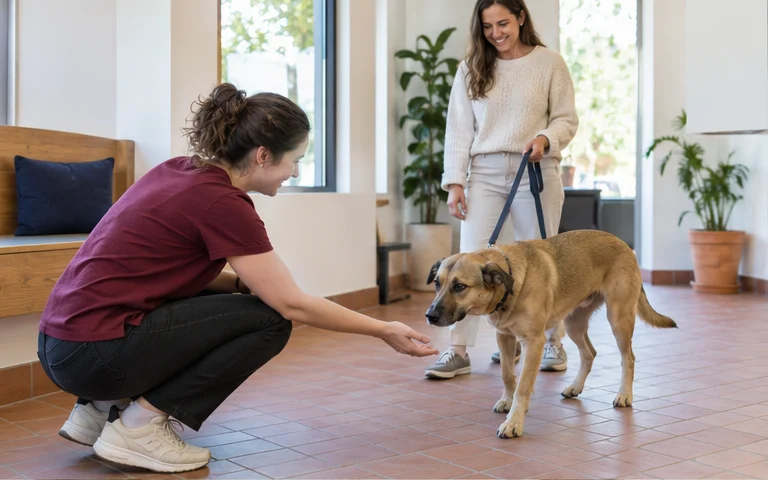An owner and caregiver introducing a dog at reception